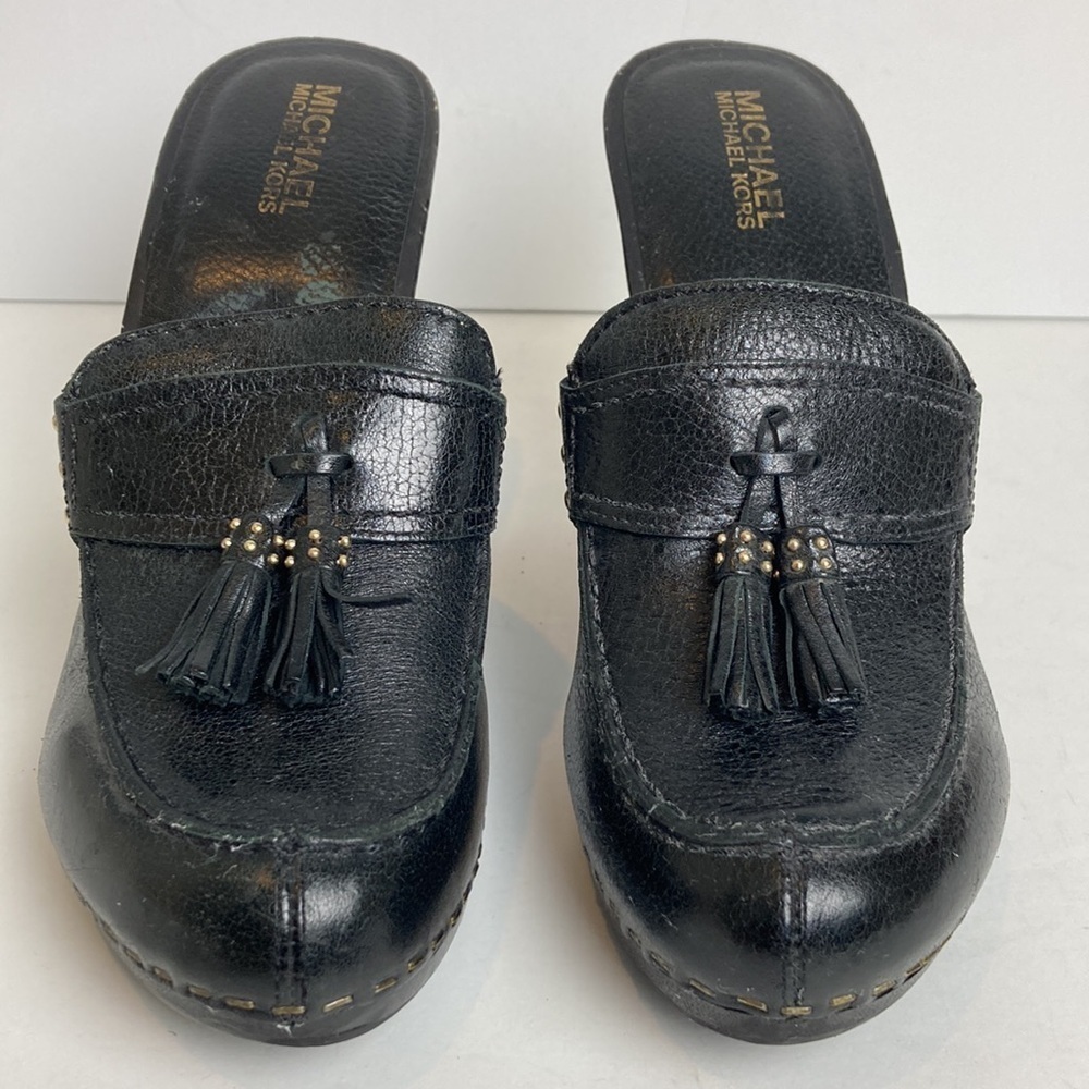 Michael Kors Pebbled Leather Wood Heeled Black Clog Tassel 7.5 Menswear Inspired - Picture 5 of 16